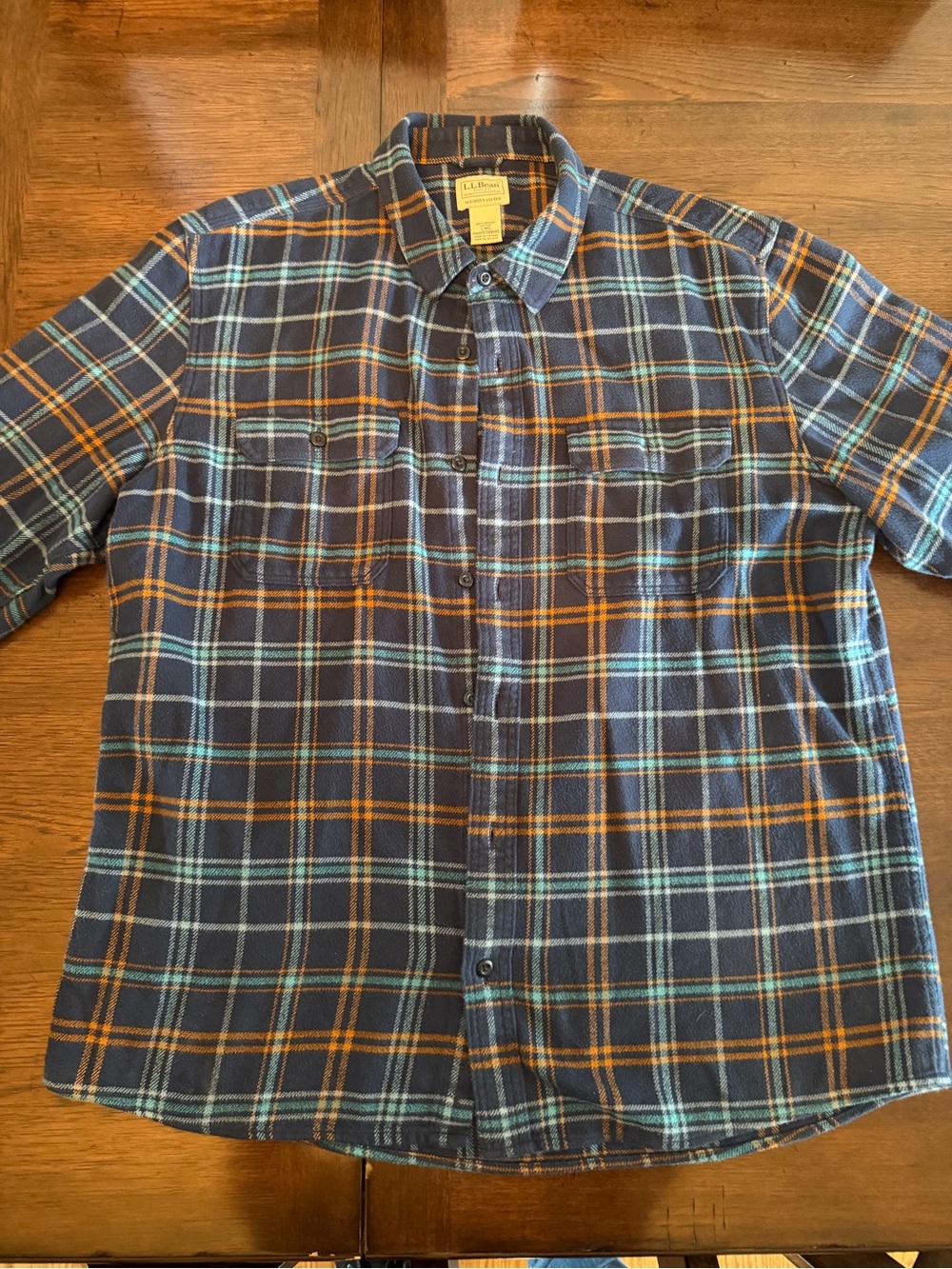 L.L. Bean Navy Plaid Button-Down Flannel Shirt with Orange and Light Blue Stripe